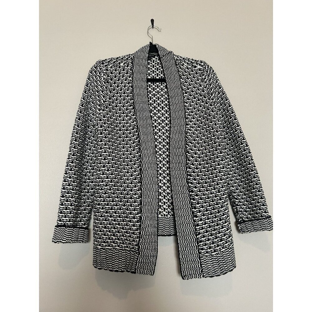 Talbots Black & White Knit Wool Cotton Blend Open Cardigan Petite Large Sweater